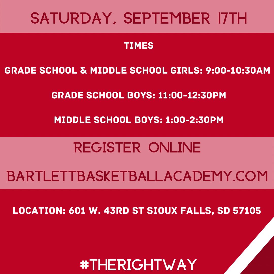 Bartlett Basketball (@bartlett_bball) on Twitter photo We are EXCITED to announce a fantastic camp opportunity coming in September to BBA‼️
<a href="/C_Westbrook1/">Charlie Westbrook</a> is offering another session of his "Pay it Forward" camp here in Sioux Falls, exclusively with Bartlett Basketball Academy.
Registration Link: …tlettbasketballacademy.leagueapps.com/camps/3398177-… We are EXCITED to announce a fantastic camp opportunity coming in September to BBA‼️
<a href="/C_Westbrook1/">Charlie Westbrook</a> is offering another session of his "Pay it Forward" camp here in Sioux Falls, exclusively with Bartlett Basketball Academy.
Registration Link: …tlettbasketballacademy.leagueapps.com/camps/3398177-…