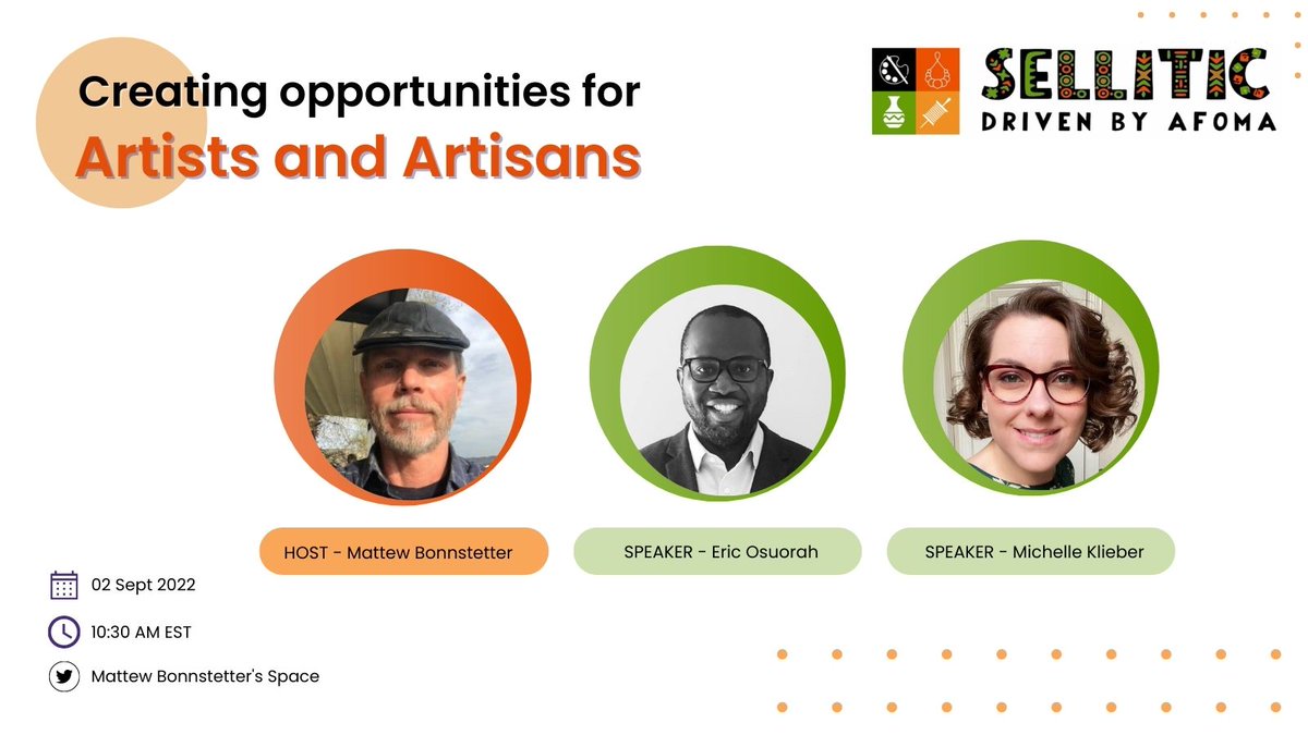 afomamarket's tweet photo. Are you are artist/artisan looking to explore the global market? Join us on #TwitterSpaces tomorrow.
#twitterspaces #artisans #artists #sellitic #afoma https://t.co/HgRRA46Xlo