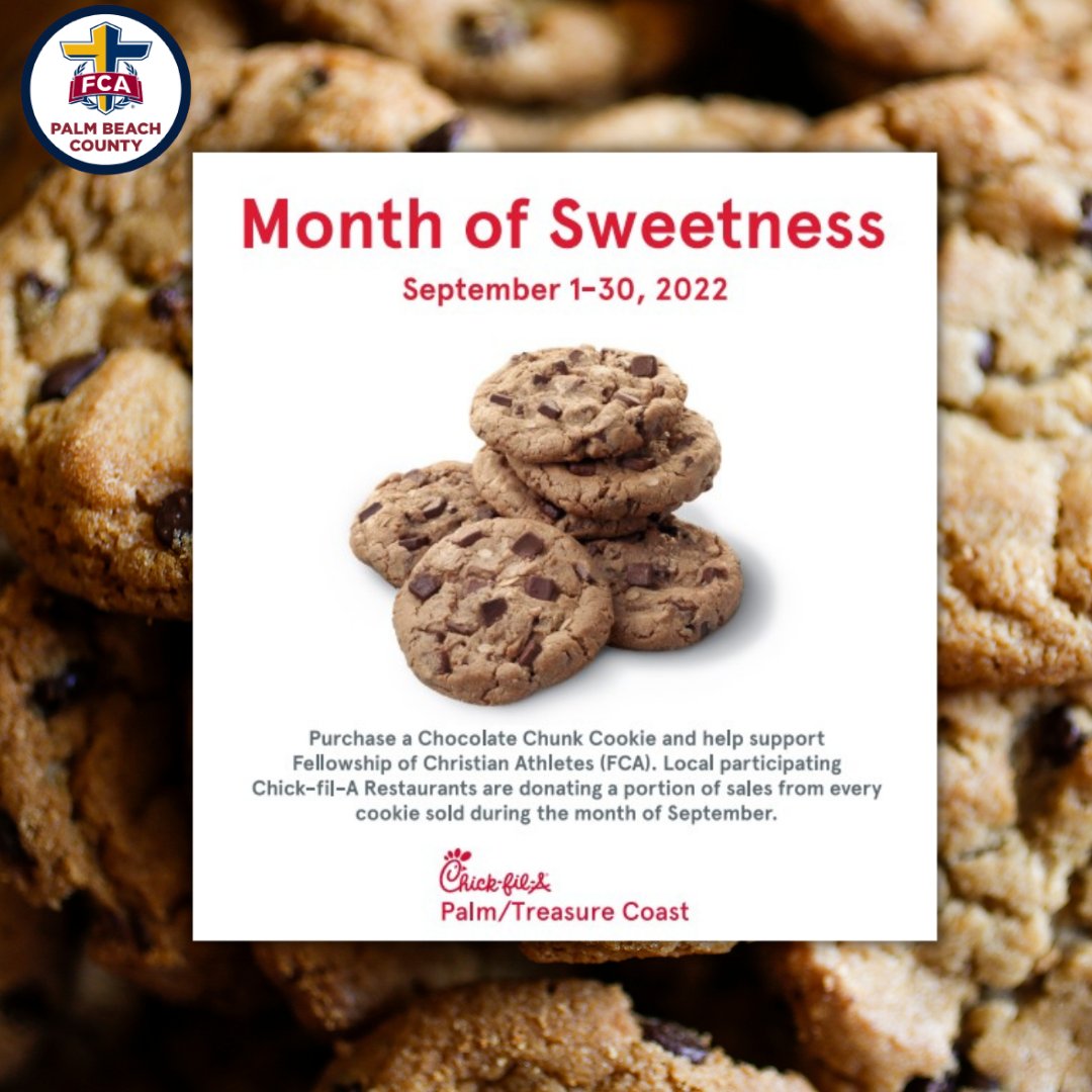 FCA Palm Beach County (@fca_pbc) on Twitter photo Make an impact and buy a cookie or a cookie platter or a few cookies platters from Chick-fil-A today! Now through Sept 30th. Make an impact and buy a cookie or a cookie platter or a few cookies platters from Chick-fil-A today! Now through Sept 30th.