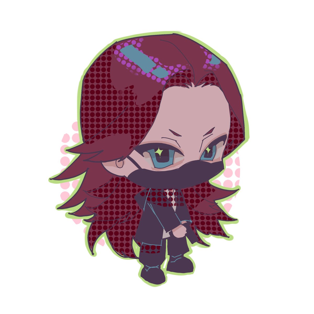 1boy chibi male focus solo long hair red hair mask  illustration images