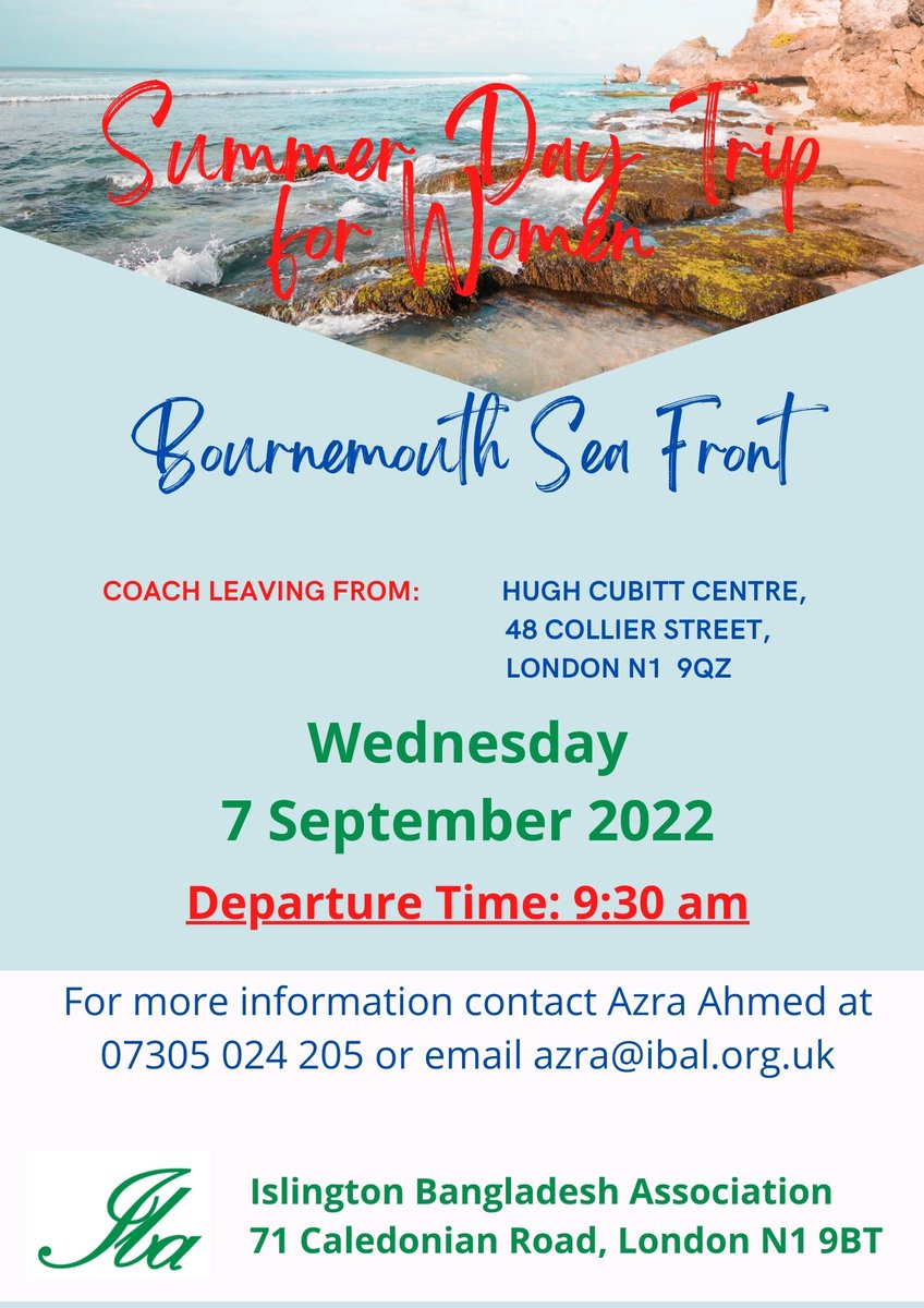 IBA_Islington's tweet photo. IBA are organising a women's trip to Bournemouth Seaside, please see the attached leaflet for further information. https://t.co/RVU8dCQQgL