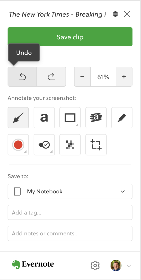 Our recent releases of the <a href="/evernote/">Evernote</a> web clipper (for Chrome, Safari, Firefox and Edge) not only improve performance, the new UX makes screenshot annotation better by making it easier to undo/redo and zoom in/out as you add markup! #everbetter