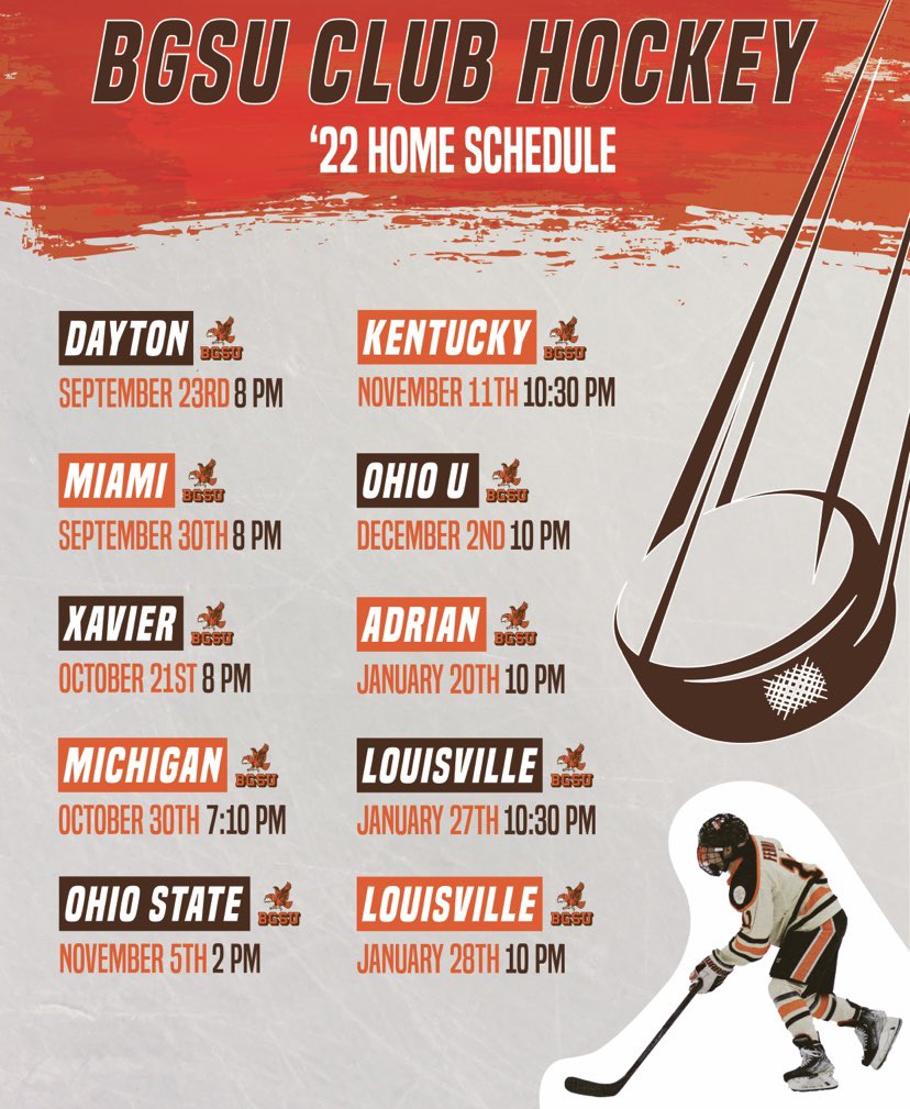 BGSUClubHockey's tweet photo. Didn’t get a chance to grab a poster at campusfest yesterday? Don’t worry, we got you covered. Here’s our home game schedule. Admission is free for all! #AyZiggy #stufftheslate https://t.co/Hayl2BxZn0