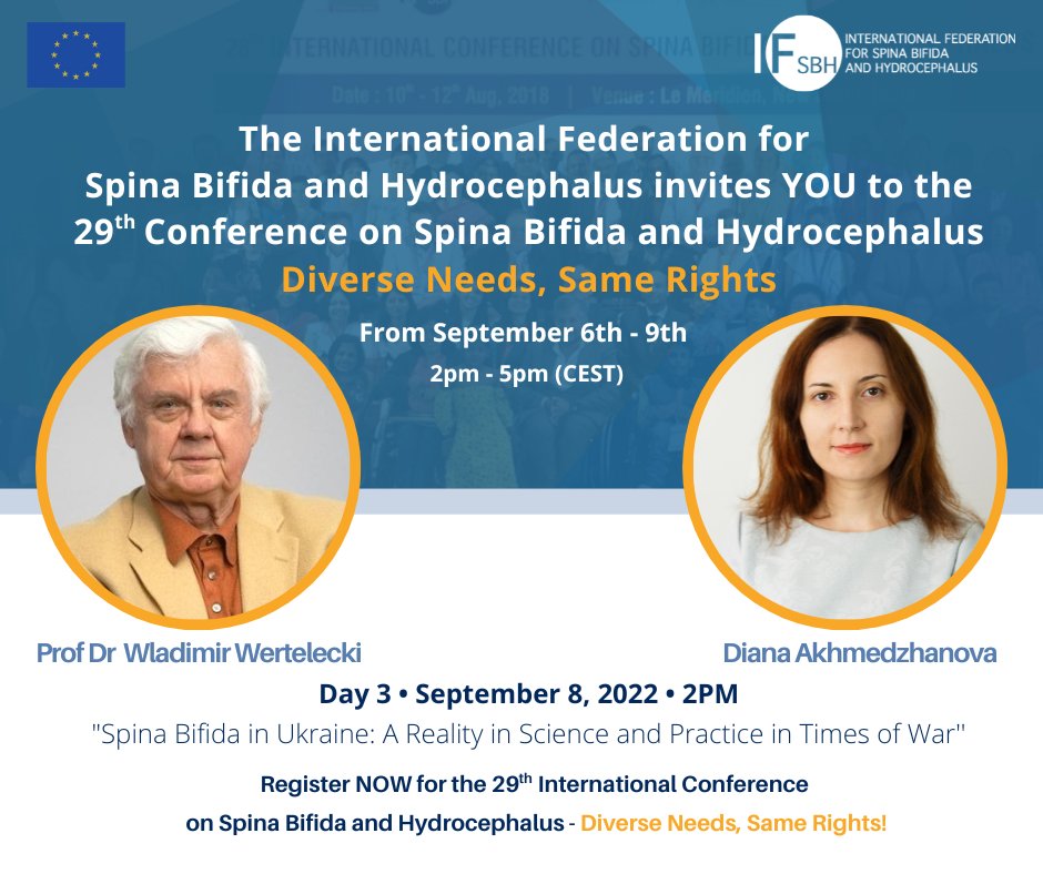 ifsbh's tweet photo. 📣 Join the 29th International Conference on Spina Bifida and Hydrocephalus – Diverse Needs, Same Rights!

 👉 Prof Dr Wladimir Wertelecki &amp; Diana Akhmedzhanova will expand on their joint work 'Spina Bifida in Ukraine: A Reality in Science and Practice in Times of War’ on Sept 8. https://t.co/dR6XKC6cfB