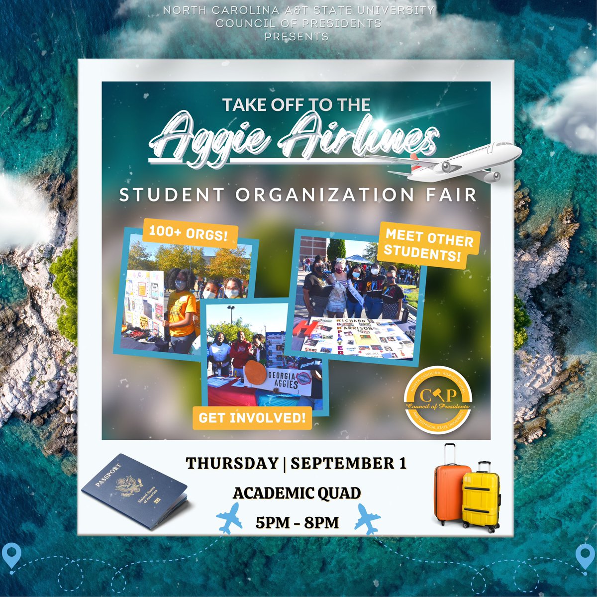 #NCAT TODAY’S THE DAY! 🎉 The Student Org Fair will be in Academic Quad from 5-8pm 📢🛩 Take flight &amp; come see 100+ organizations to get involved with! Looking forward to seeing you there 💙 #ncat26 #ncat25 #ncat24 #ncat23