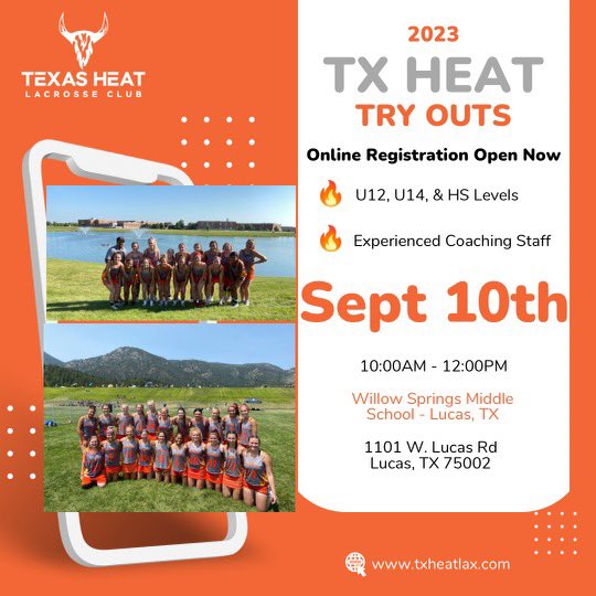 IIITTT’SS TIME! Texas Heat Tryouts are here! 🔥🔥🔥🔥 We're looking for players to join our Texas Heat family. Grad years 2️⃣0️⃣2️⃣3️⃣ to 2️⃣0️⃣3️⃣1️⃣. If you're looking to have a ton of fun playing lax, travel to cool places, and improve your lax skills and lax IQ, then please join us!
