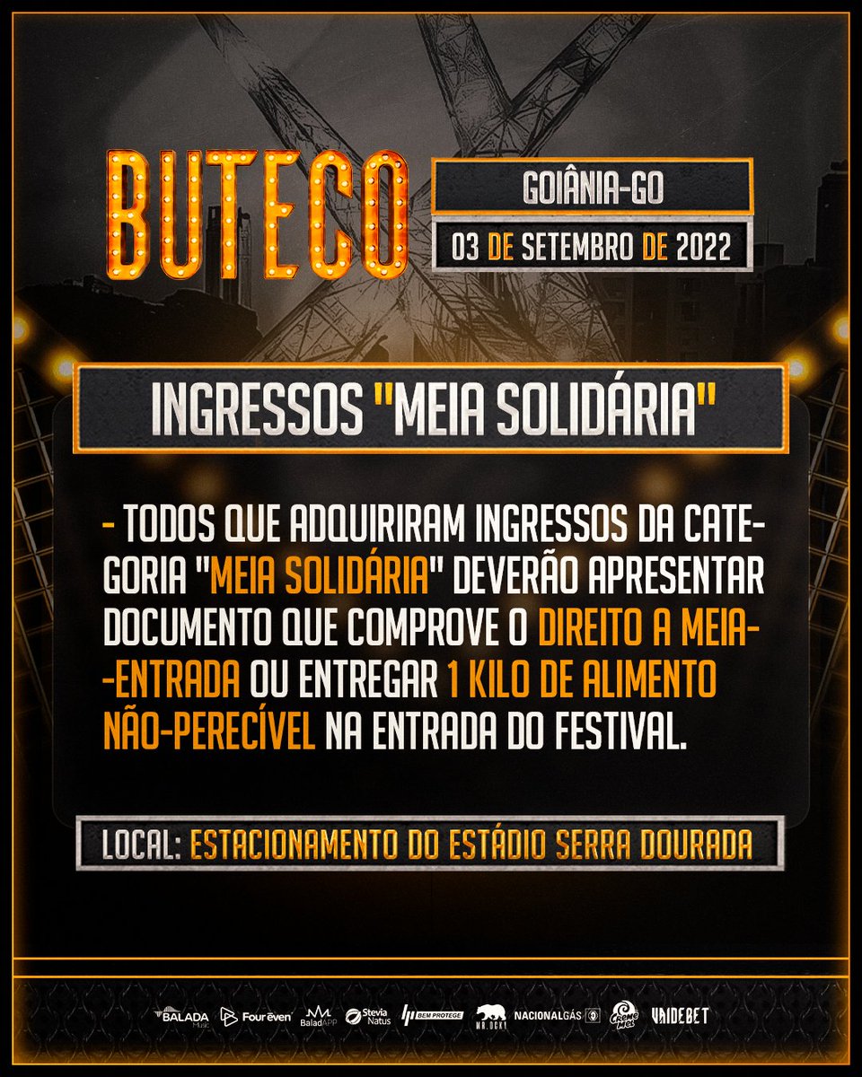 OficialButeco's tweet photo. Faltam SÓ 2 DIAS para o #ButecoGYN e a cabeça já tá na mil!
Não esqueça: se você comprou ingresso na categoria MEIA SOLIDÁRIA, terá que comprovar a sua inclusão na Lei da Meia Entrada ou entregar 1 kilo de alimento não-perecível na entrada do festival.
Nos vemos lá, butequeiro!! https://t.co/vBSr1TYDyu
