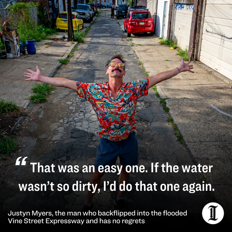 PhillyInquirer's tweet photo. Remember the Philly man who backflipped into the flooded Vine Street Expressway? Well, he has no regrets.

One year after Hurricane Ida hit Philly, he says the unplanned backflip was his way of making the best of a bad situation.