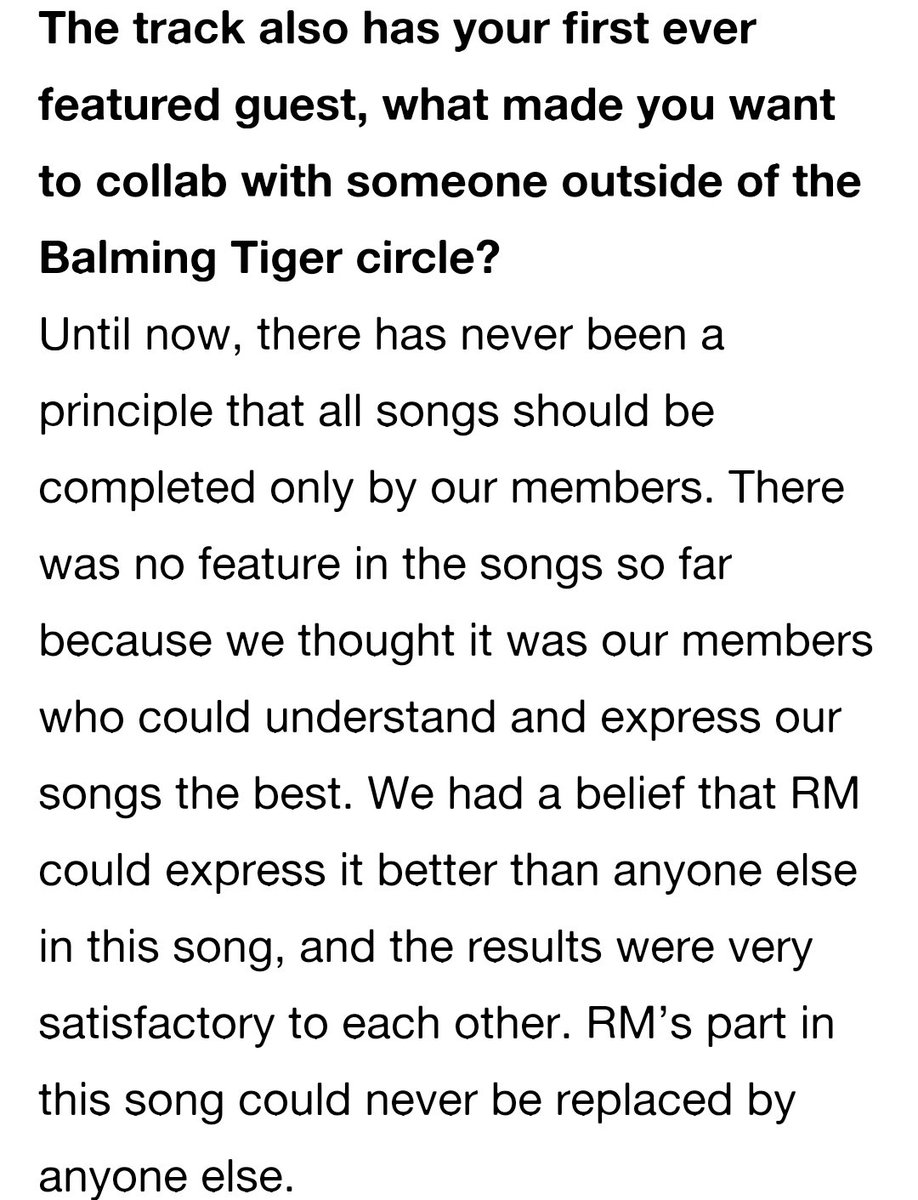 loopsofnj's tweet photo. Balming Tiger talking about RM

"RM’s part in this song could never be replaced by anyone else, He understood the music 120% and drew his own style within the flow of the track, A man of such a humble charming personality, we’ve been able to have fun throughout our work with him" https://t.co/3IvwSpBJfD
