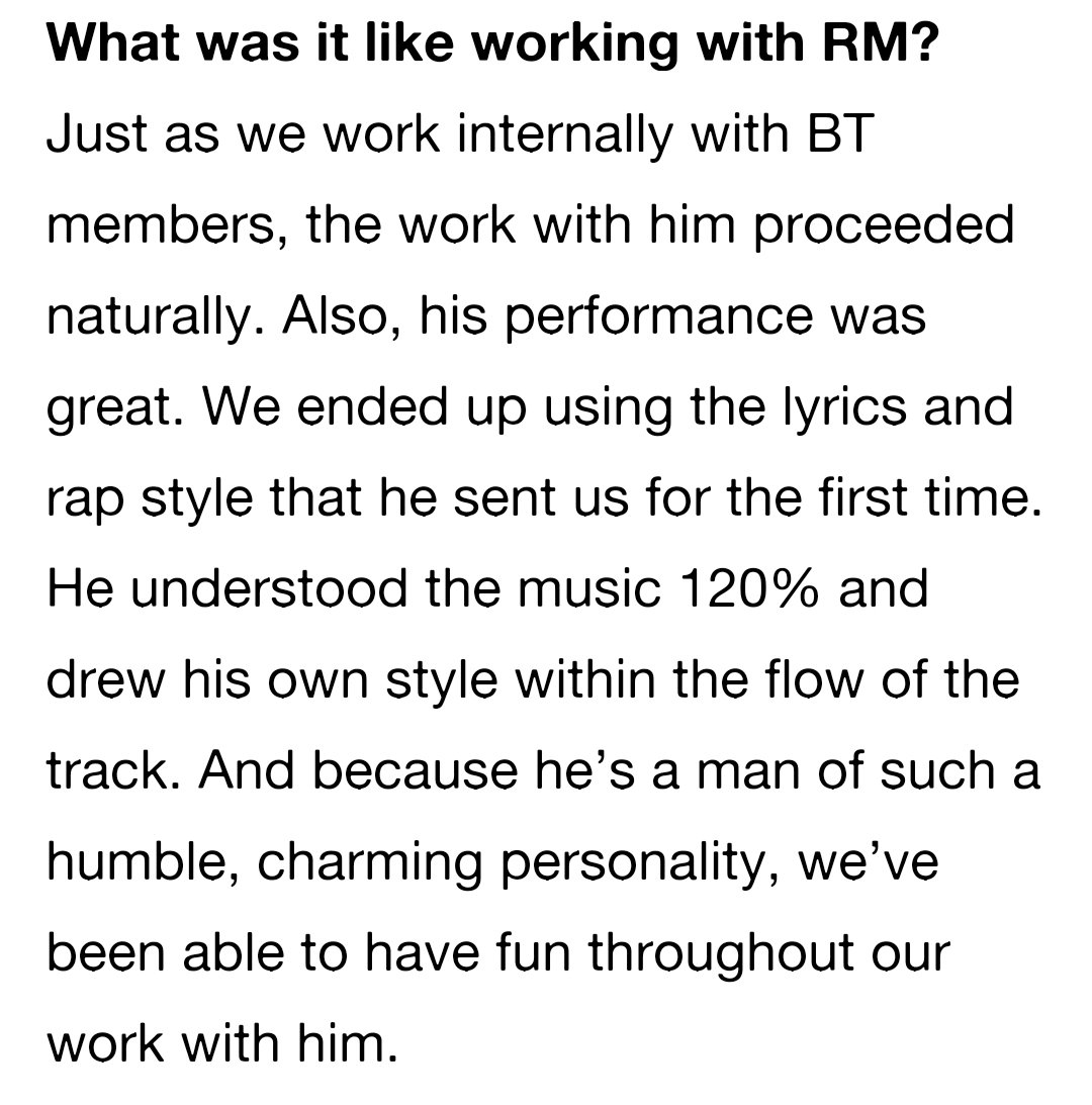 loopsofnj's tweet photo. Balming Tiger talking about RM

"RM’s part in this song could never be replaced by anyone else, He understood the music 120% and drew his own style within the flow of the track, A man of such a humble charming personality, we’ve been able to have fun throughout our work with him" https://t.co/3IvwSpBJfD