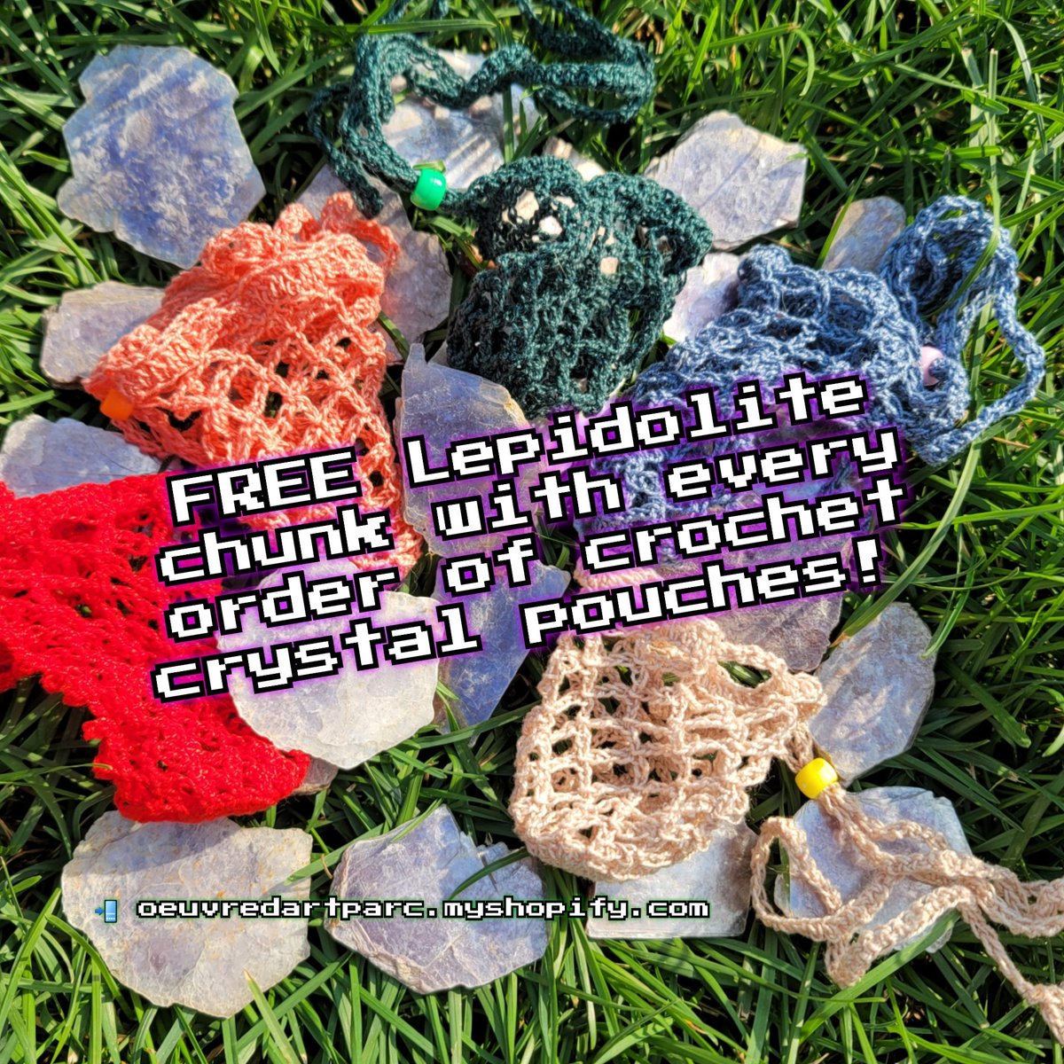 😍❤️ Order a crochet drawstring pouch and get a FREE lepidolite chunk with your order! 
📲 oeuvredartparc.myshopify.com