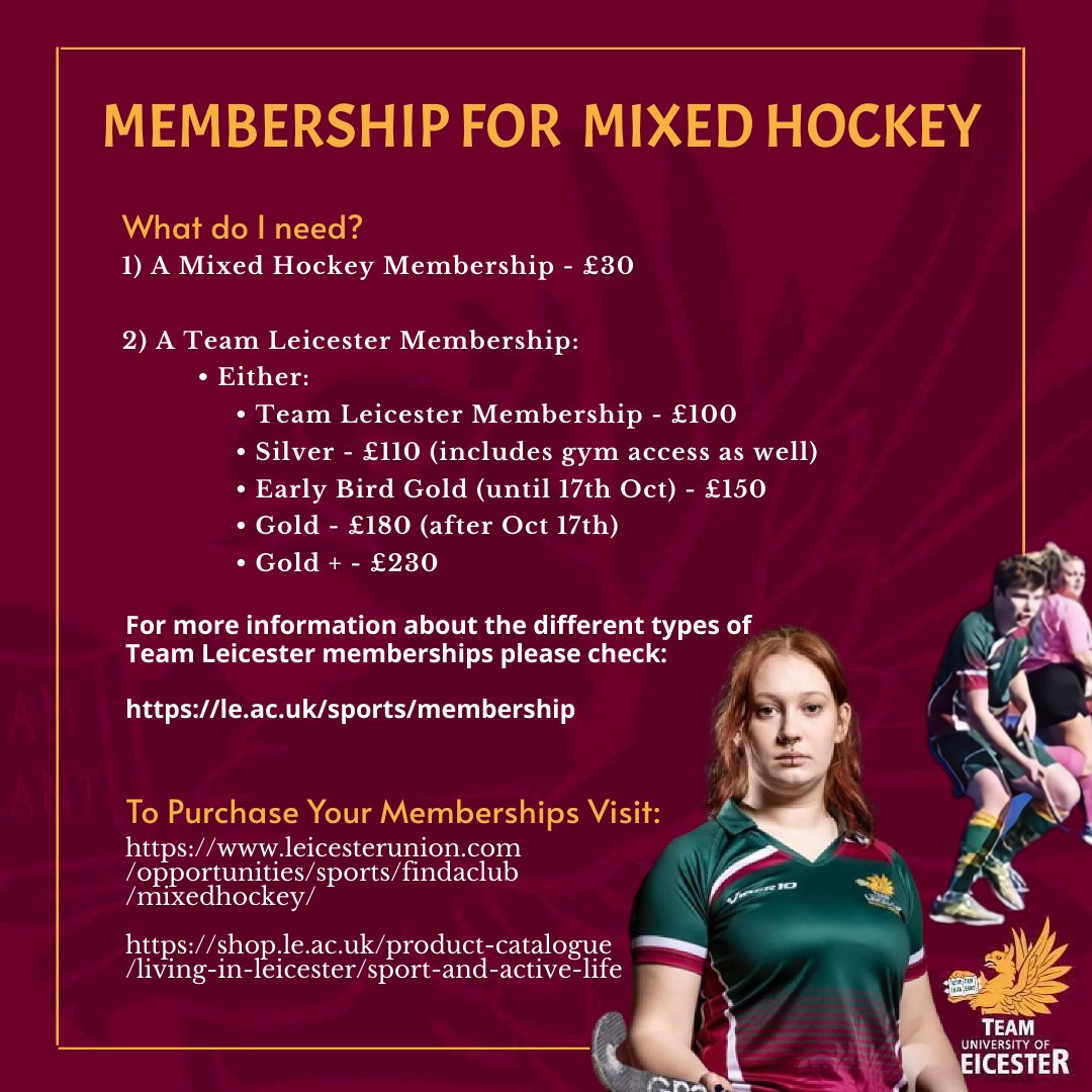 Please be sure to purchase your Team Leicester and Mixed Hockey club memberships in order to play throughout the season.