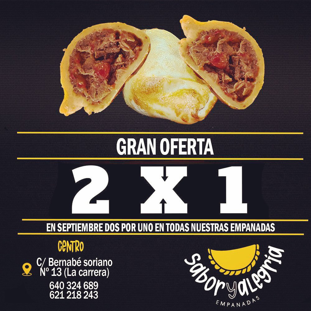 SaborYAlegria's tweet photo. ₂x₁ SÚPER PROMO ₂x₁
Queremos que las pruebes TODAS, por eso …
2️⃣x 1️⃣ en todos los sabores.
Todo el mes de septiembre en nuestra tienda 🥟 de La Carrera
‼️Te esperamos‼️

#empanadas #empanadasargentinas #jaén #empanadasveganas #vegan #veganfood #saboryalegría https://t.co/J701Lxtrj6