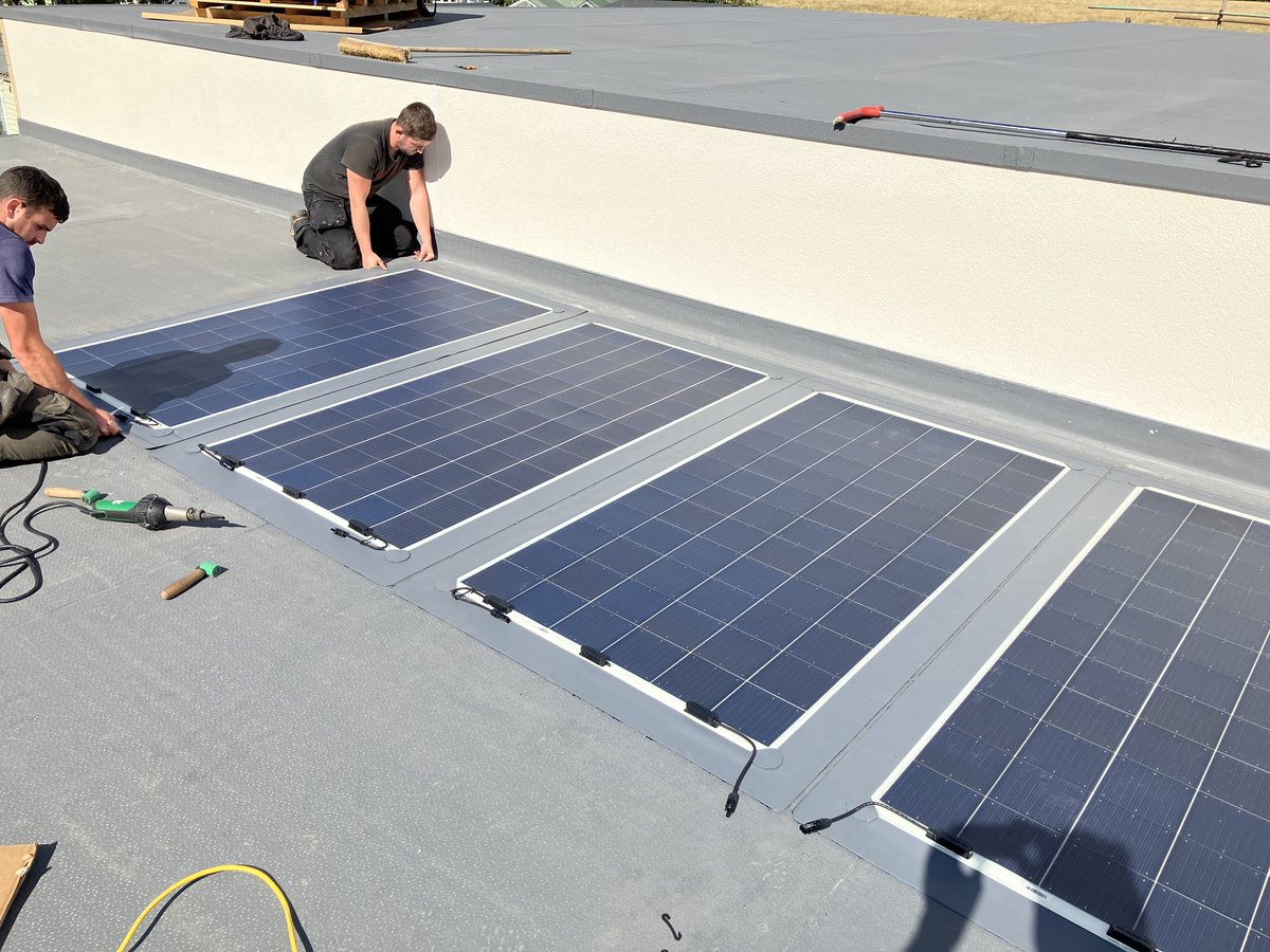SolarbondUk's tweet photo. Installation of the first Protan Solarbond solar roof system using thin film flexible factory laminated modules, hot welded to single ply membrane. No holes or bolts or screws - just leading edge technology. https://t.co/lVtlDDebx2