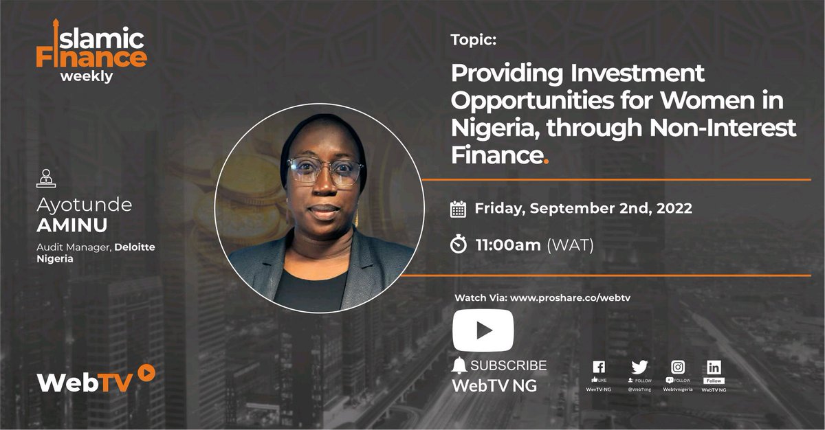 'Why #women should explore #IslamicFinance as an Investment Alternative.' 

Coming up tomorrow is another episode of the #IslamicFinanceWeekly with Ayotunde Aminu, Audit Manager, @Deloitte Nigeria.