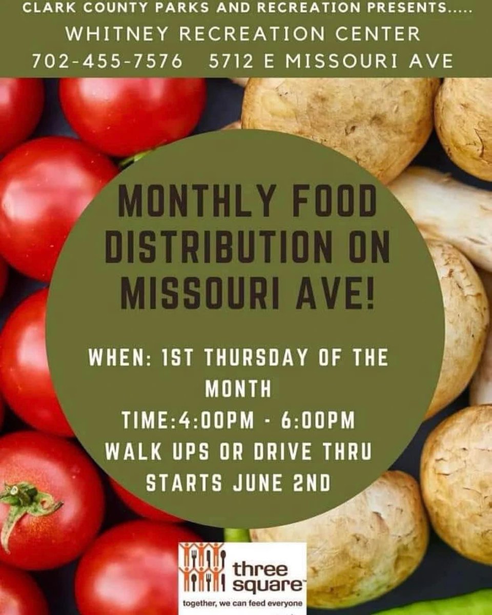 WhitneyCCPR's tweet photo. Time to collaborate with Three Square and help defeat food insecurity! Join us today at Whitney Recreation &amp; Senior Center today while supplies last. #WeAreWhitney #ThreeSquare #fooddistribution https://t.co/Xohxq8voZT