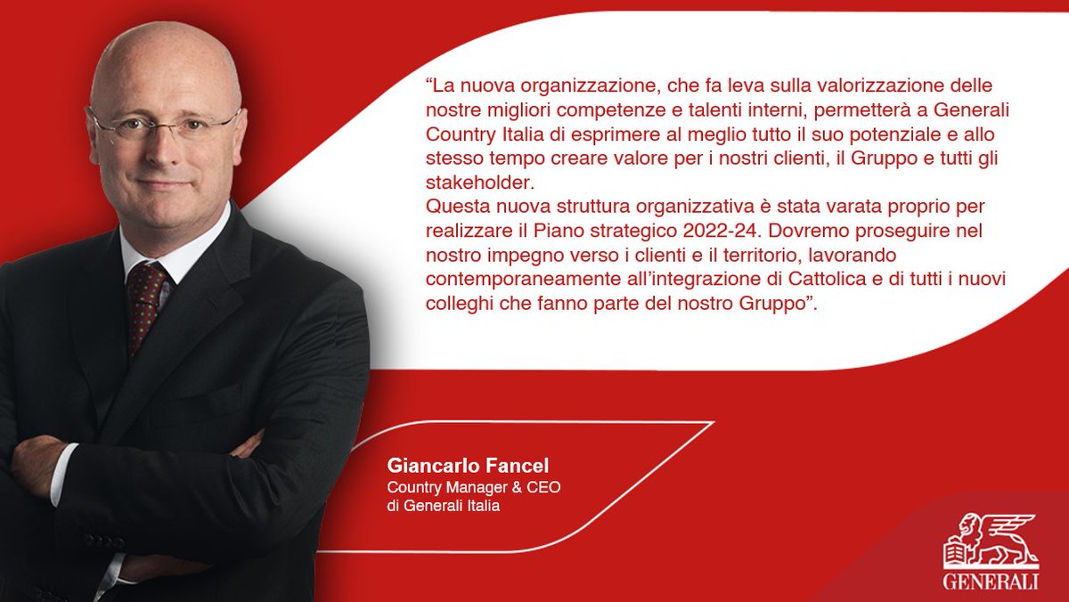 GeneraliItalia's tweet photo. Comunicato Stampa: Generali Country Italia vara la nuova organizzazione per garantire il successo del Piano strategico 2022-24.
Giancarlo Fancel Country Manager &amp; CEO, 
@perin_gl e @MMonacelli_ nominati General Manager
#PartnerDiVita - Scopri di più ➡ https://t.co/SyuCEPMaby https://t.co/w8NPTKdu8g