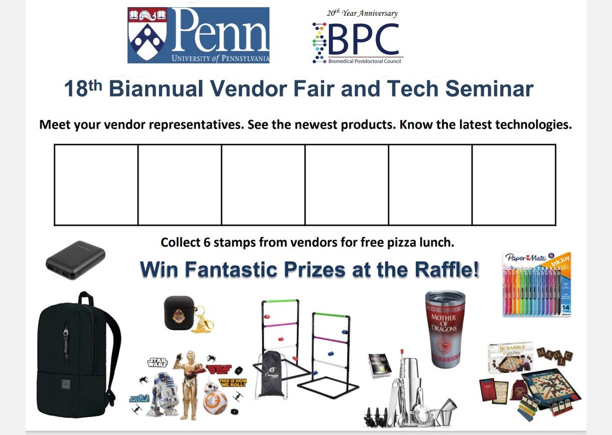 PennPPA's tweet photo. #Postdocs you are invited to the 18th annual vendor show on the 7th of September in BRB lobby! Please refer to the email from BPC to volunteer in helping us during the event.
Looking forward to seeing you all!
#upennbpc @PennBPP https://t.co/ePxDL7UZJG