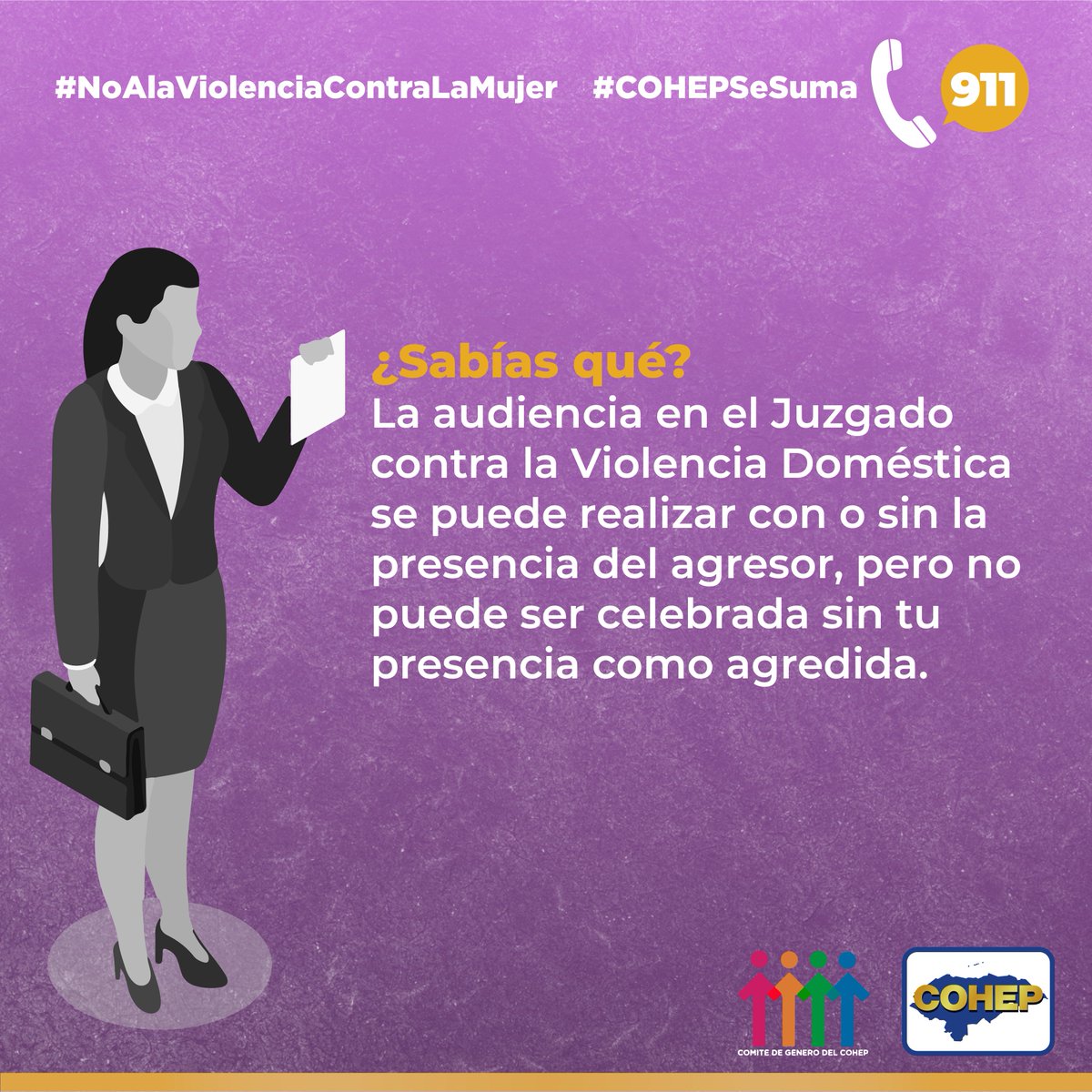 ¿Sabías qué? 

La audiencia en el Juzgado contra la Violencia Doméstica se puede realizar con o sin la presencia del agresor, pero no puede ser celebrada sin tu presencia como agredida. 

#CohepseSuma
#noalaviolenciacontralamujer

<a href="/COHEPHonduras/">COHEP</a> 
<a href="/USAIDHonduras/">USAID Honduras</a> 
<a href="/ONUHonduras/">ONU Honduras</a>