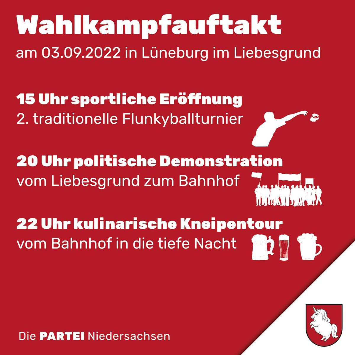 Ihr besucht doch bestimmt auch unsere Wahlkampfauftaktveranstaltung in #Lüneburg, oder?

<a href="/LueneburgPartei/">Die PARTEI Lüneburg</a> und wir freuen uns auf euch!