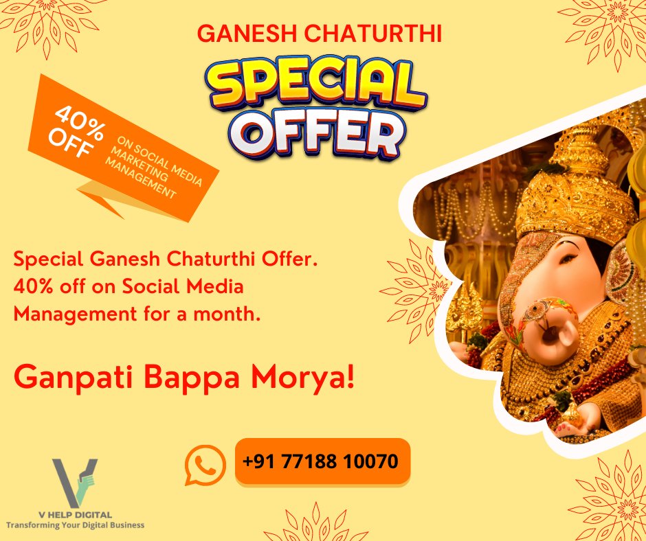 VHelpSolutions's tweet photo. Special Social Media Management Offer for everyone during this Ganpati Festival.

Click on the image to know more : 
Visit Website : https://t.co/Kp9mctFupt
Follow on Twitter : https://t.co/EWll7quvvi
#GaneshChaturthi #DigitalMarketingServices #socialmediamarketing #discountoffer https://t.co/FfhPOVSgjW