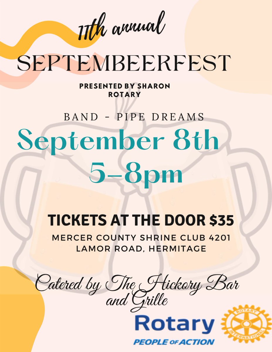 The Sharon Rotary presents the 11th Annual Septembeerfest!

For more information contact Sharon Rotary President Amanda Banic at 724-456-6032 or abanic@merceraware.org.