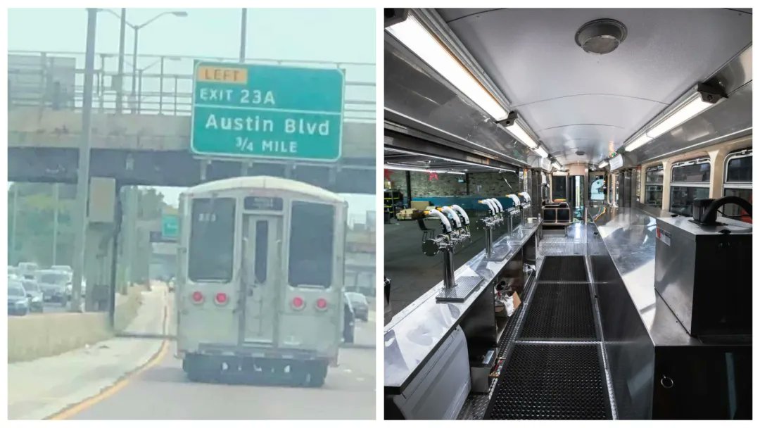 BlockClubCHI's tweet photo. An "L" car spotted on the Eisenhower wasn't a runaway train — it's Goose Island Brewery's mobile bar. https://t.co/FiaHibNVD2 https://t.co/vGDCtBvCaO