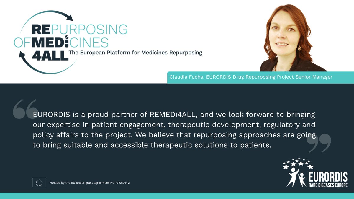 EURORDIS is a proud partner of @REMEDi4ALL an ambitious @HorizonEU funded initiative to drive forward the repurposing of medicines in Europe. 👉 Find out more about the project here: eurordis.org/press-release-…

#R4ALL #HorizonEU #MedicinesRepurposing #DrugRepurposing