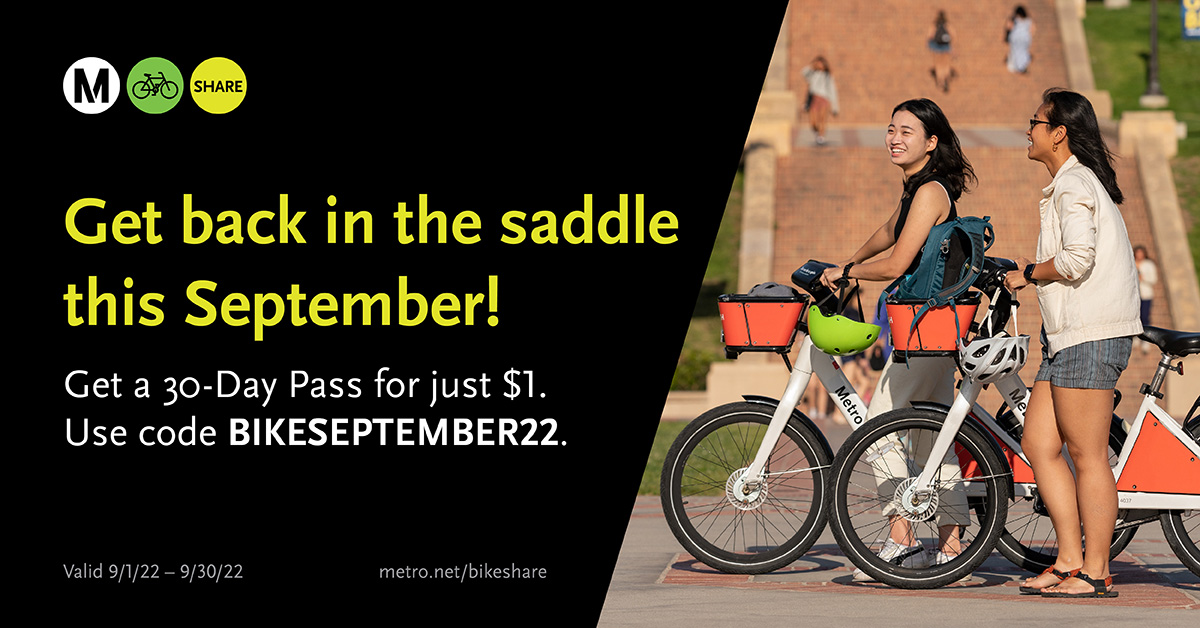 🚴🏽‍♂️ Let's get back in the saddle this September! 🚴🏽‍♀️ This month the 30-Day #MetroBikeShare Pass is just $1 with promo code BIKESEPTEMBER22. 👇 Sign up online today 👇 Regular 30-Day Pass: ow.ly/gOHq50Kxmtz Reduced Fare 30-Day Pass: ow.ly/X5wR50KxmtB