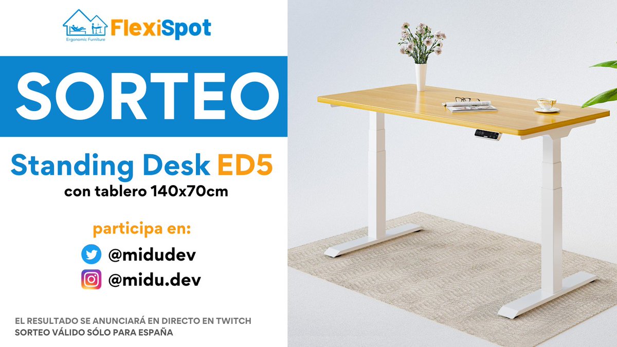 midudev's tweet image. 🎁 ¡SORTEO Standing Desk FlexiSpot ED5!
¡Con tablero de 140x70cm!
Para participar:
1️⃣ Sigue a @Flexispot_ES
2️⃣ Sigue a @midudev
3️⃣ Haz RT de este tweet
Participa en Instagram:
➡️ instagram.com/midudev
🇪🇸 Sorteo válido sólo para España
🗓️ Hasta el 8 de septiembre