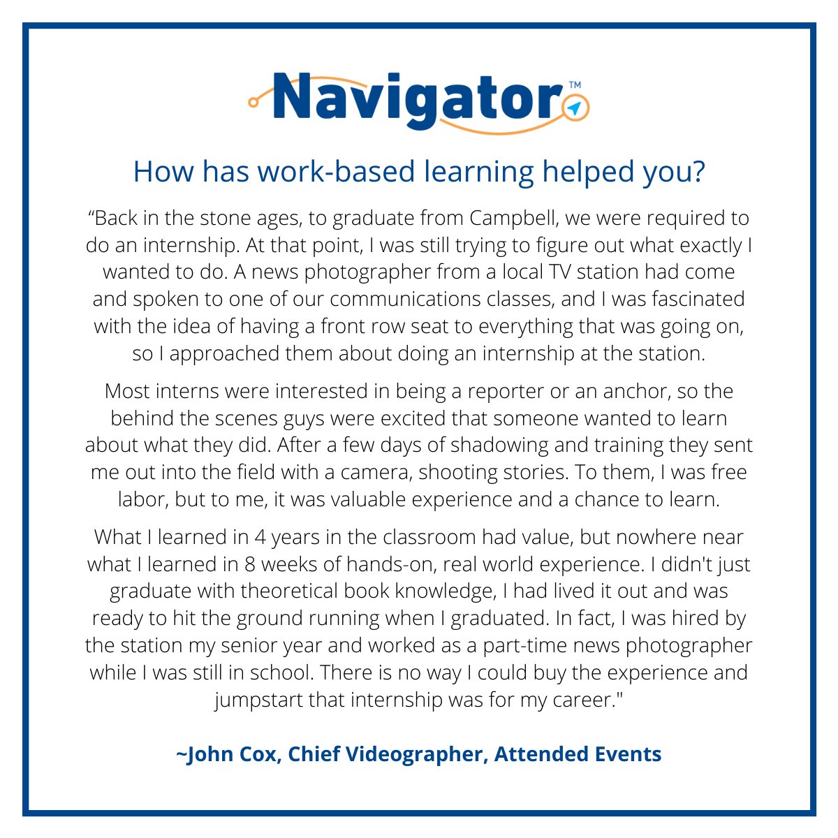 NCBCE's tweet photo. How has #workbasedlearning helped you? John Cox is the Chief Videographer at @AttendedEvents. This is how work-based learning set the foundation for his #careerjourney. https://t.co/4Hf8Auzf8r