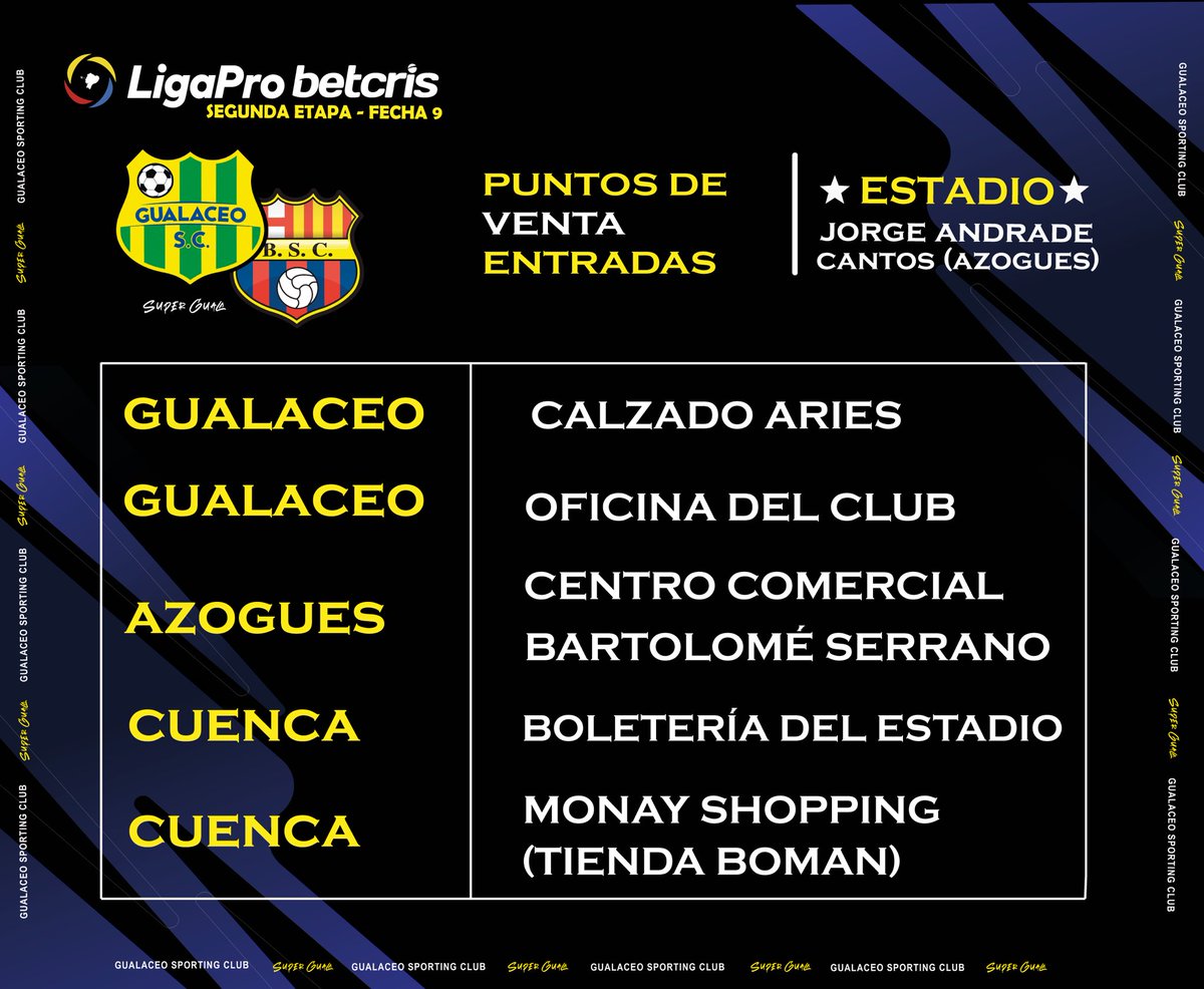 🎫 Puntos de Venta 🎫

Adquiere tu entrada, quedan pocas disponibles. 

Calzado Aries (Dávila Chica y Vicente Peña Reyes)

Oficina del Club (Vicente Peña Reyes y Gran Colombia)

Centro Comercial Bartolomé Serrano

Tienda Boman(Monay Shopping) 

Boletería del estadio ASA