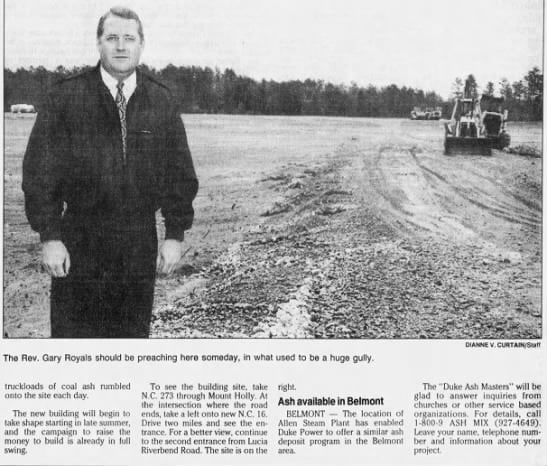CancerClArmy's tweet photo. Rev Gary Royals was tricked by Duke Energy into building a #Church on top of 300,000 tons of radioactive toxic coal ash
@theobserver 
#Charlotte  #NorthCarolina 
04 Mar 1995, Sat • Page 107 https://t.co/kKNwWh1iri