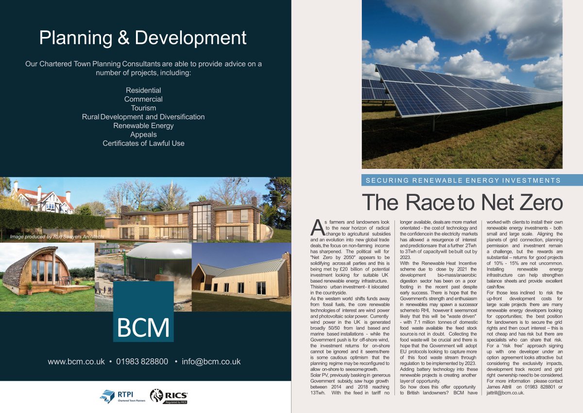 BCM_LLP's tweet photo. The Journal continues, providing information about our planning services and an article on securing renewable energy investments. Contact @BCM_LLP for further details. #Journal #rural #ruralpropertyspecialists #ruralconsultancy #landmanagement #ruralsales #farmsales #RTPI #RICS https://t.co/YveXBapmKF