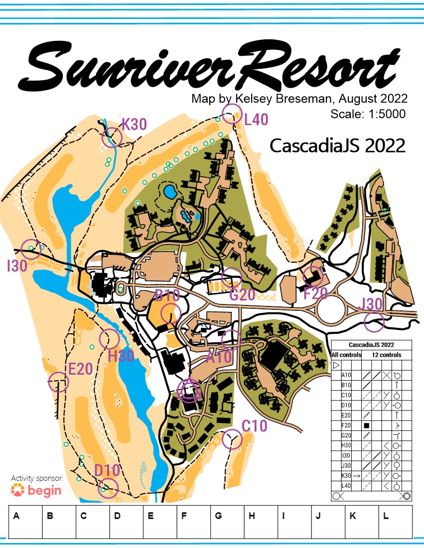 Map of Sunriver Resort, with circled points A-L, each marked with a point value.