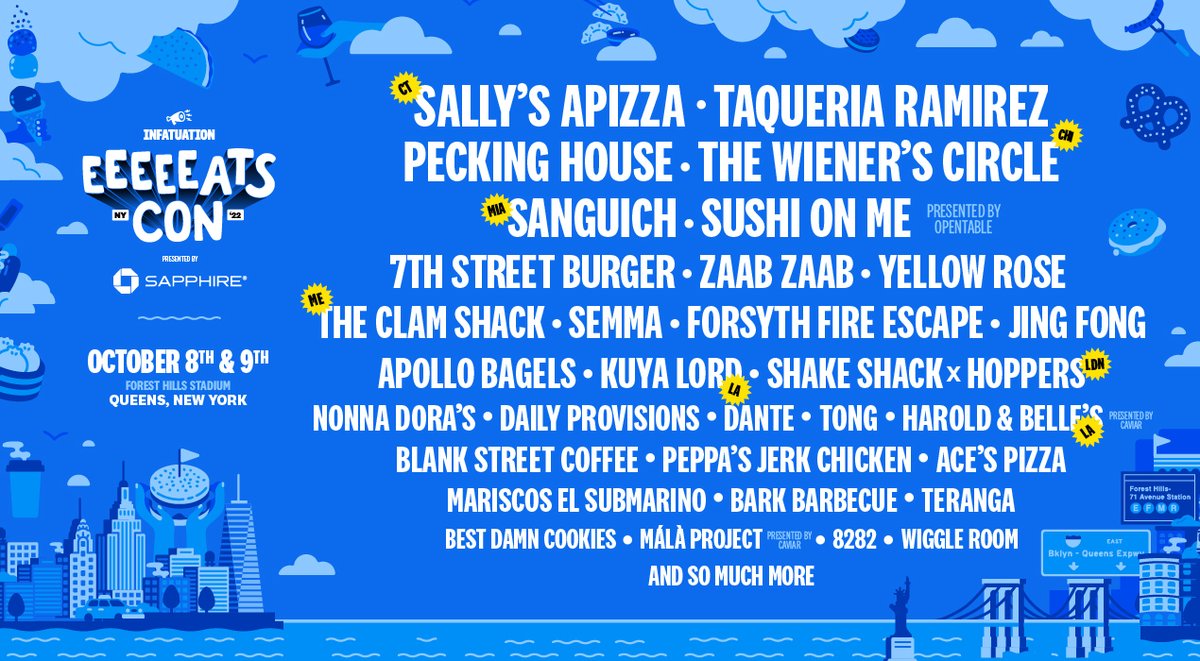 infatuation's tweet photo. We’re flying in hot dogs from Chicago, pizza from New Haven, and Cuban sandwiches from Miami. NY’s finest are coming too, like 7th Street Burger, Semma, Taqueria Ramirez, and more. 10/8-9 at Forest Hills Stadium. Get tickets now at https://t.co/D7boZLv5SX #ChaseSapphirePartner https://t.co/1PhwkzgIEO