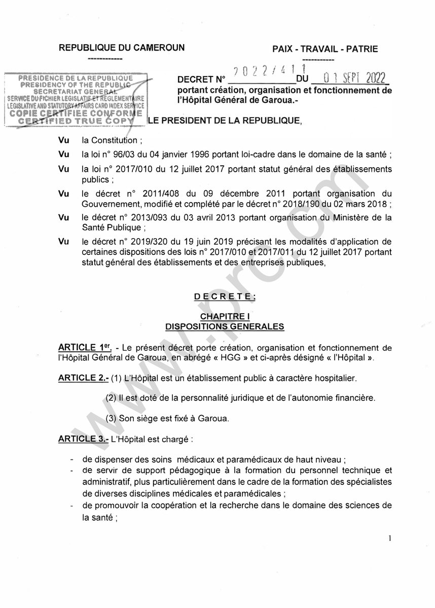 PR_Paul_BIYA's tweet photo. Décret portant création, organisation et fonctionnement de l’Hôpital Général de Garoua.
#PaulBiya
#Cameroun 
1/4 https://t.co/pfZUfT8pn2