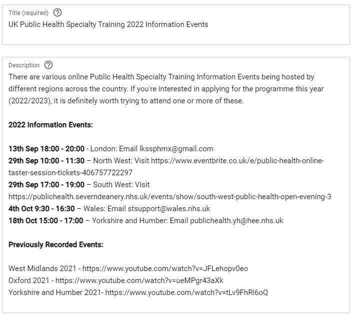 Public Health Specialty Training - online info events across UK.

Quick vid about dates, times, how to register etc: youtu.be/Y_lwbUyeebk
Or just see screenshot below. Please share with anyone interested &amp; please share details of any other info events you know of😀<a href="/FPH/">Faculty of Public Health</a> <a href="/UKPHR1/">UKPHR</a>