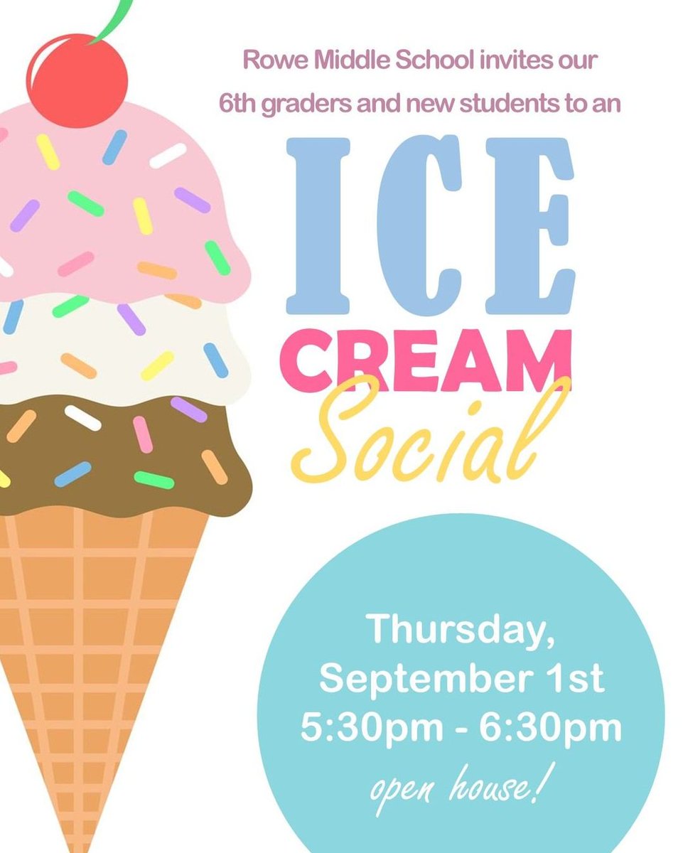RMS_Shamrocks's tweet photo. Tonight, at Rowe Middle School, we will be hosting an ice cream social for our incoming 6th graders and any incoming new students. 

Come to Rowe from 5:30pm - 6:30 to meet some of our staff, take a tour of our building, and ask questions to alleviate any anxiety about next week. https://t.co/qgIvyTkZOh
