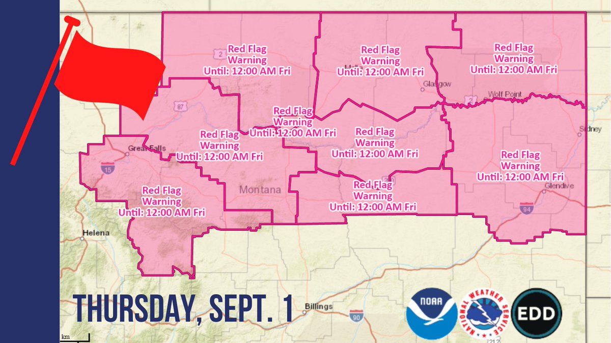 A 🚩Red Flag Warning 🚩 is in effect today, Sept. 1 until midnight for NE and NC Montana. The combination of hot temperatures, gusty winds, low relative humidity, and a cold frontal wind shift this afternoon equates to dangerous wildfire conditions. #mtfire #firewx <a href="/NWSGreatFalls/">NWS Great Falls</a>