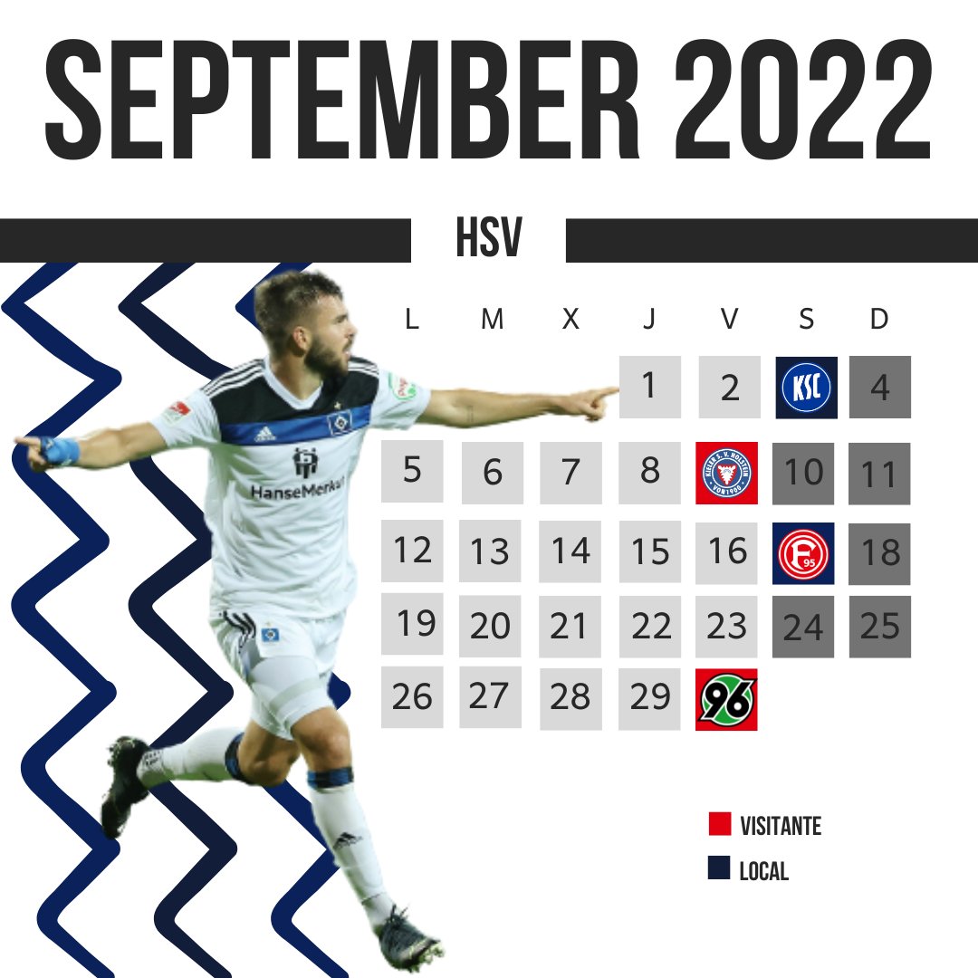 👋 Hey Rothosen!

📅 Ya estamos en septiembre y estos son los partidos que disputaremos durante dicho mes. Cuatro partidos de los cuales dos se jugarán en casa y dos de visitante.

#HSV #nuderHSV