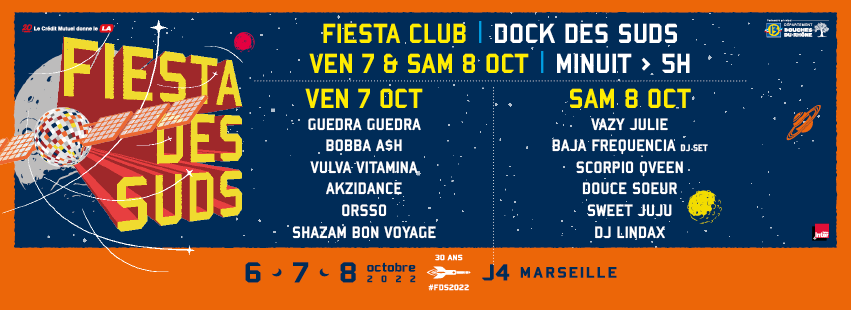 fiestadessuds's tweet photo. 30 ans et on n’a toujours pas envie d’aller se coucher ! 
2 soirées, 2 salles et 12 artistes représentants la diversité de la scène marseillaise actuelle dans notre mythique Dock des Suds 🔥​ 
Bienvenue au Fiesta Club, la nuit vous appartient  ! 
🎟️​ > https://t.co/oDMJZUlXr8 https://t.co/IJSQdVXLZr
