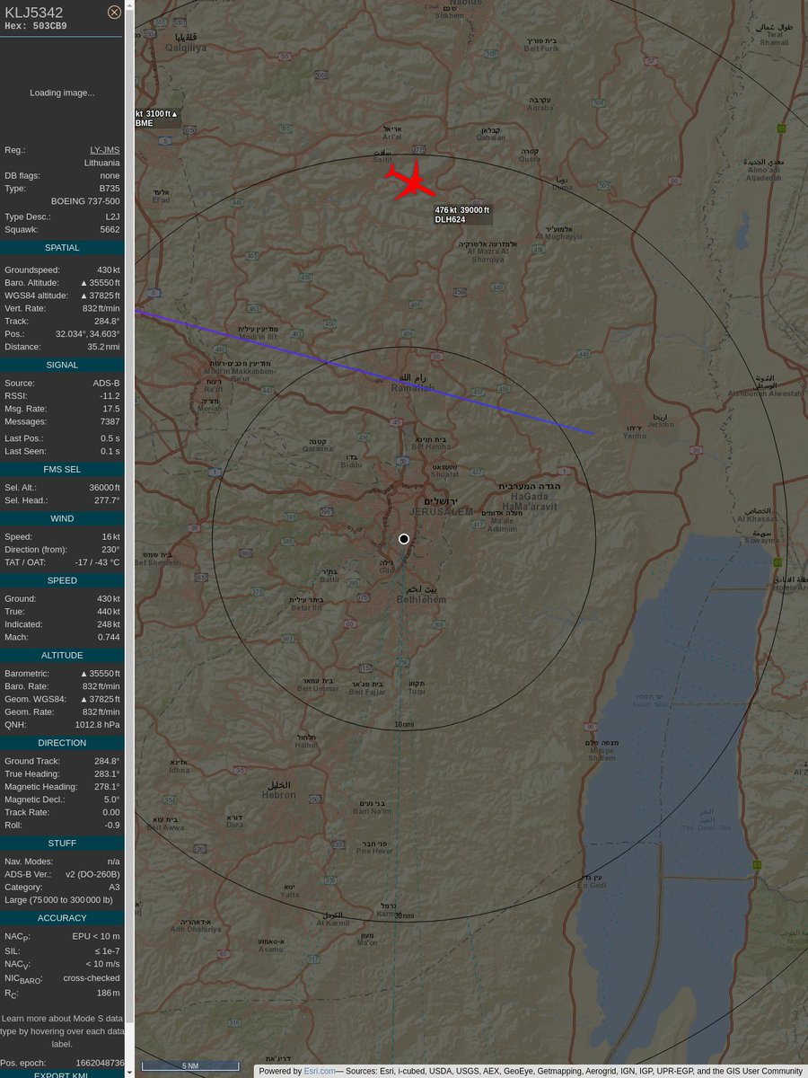 AboveJerusalem's tweet image. ICAO: 503CB9
Flt: KLJ5342 #Klasjet
First seen: 2022/09/01 19:05:35
Min Alt: 8247 m MSL
Min Dist: 14.53 km

#planefence #adsb
flightaware.com/live/modes/503…