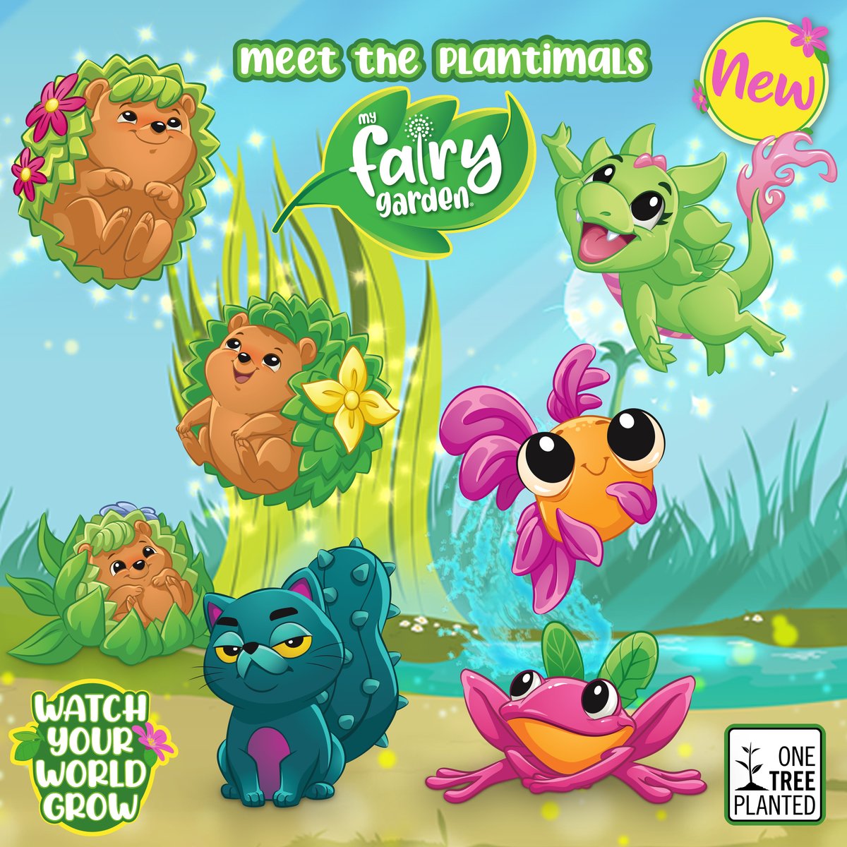 Two peas in a pod? More like 7!✨
Meet your newest BFF’s…the plantimals!

Kibo the Marigold fish🐠 
Hop the butterfly tree frog🌴 
Snap the Snapdragon🐉 
Nettles the Catcus🐈‍⬛
The Hoglets: Twig, Prickles and Quill🌱 

Join each plantimal and their favourite fairy on an adventure!