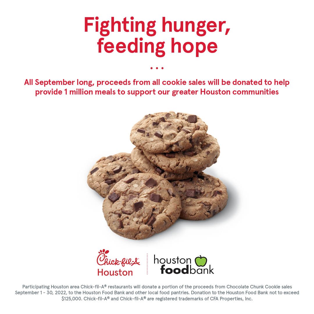 CFAPearland's tweet photo. We are fighting hunger one cookie at a time! For every Chocolate Chunk Cookie sold in September, we will donate a portion of the proceeds to the Houston Food Bank and local food pantries. Our Chocolate Chunk Cookies are available individually, as a 6-count bag, or as trays. https://t.co/5hdJqI3AJy