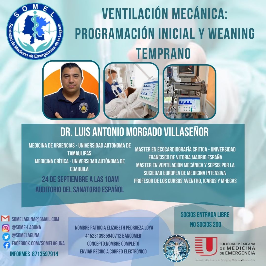 elipedrueza's tweet photo. Sesión mensual de septiembre
Mes de la Vía aérea y la Ventilación mecánica 
Nos estará visitando el Dr. Luis Antonio Morgado @DrCriticalCare 
El cuál se llevará acabo en el Auditorio del Sanatorio Español Sábado 10 de sept a las 10am
#somelaguna #impulsandolaeducacionmedica https://t.co/u84mglxqFp