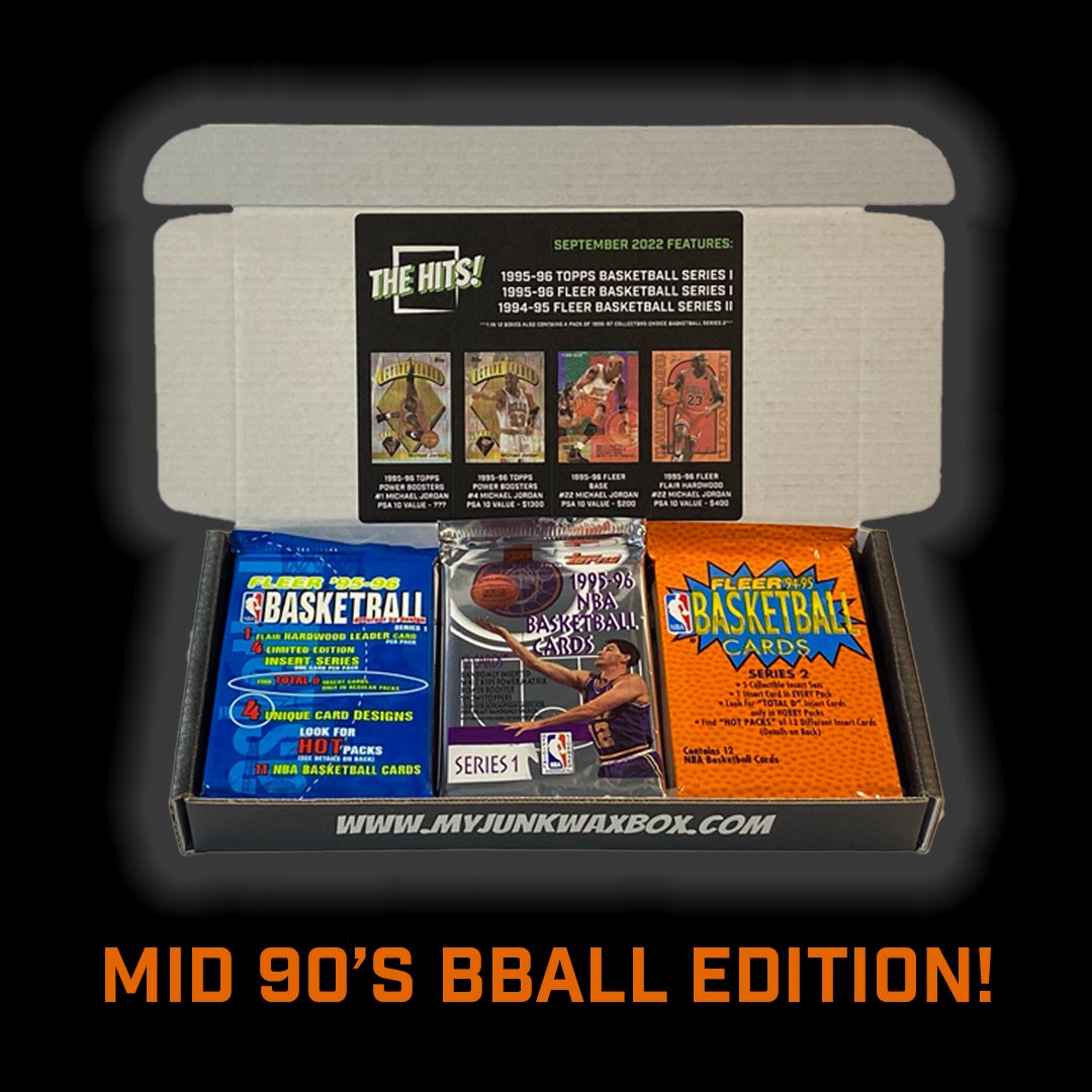 This month you'll receive:
(1) - 1995-96 Topps Basketball series 1 pack
(1) - 1995-96 Fleer Basketball series 1 pack
(1) - 1994-95 Fleer Basketball series 2 pack
(6) mixed sport Mystery Packs

​*BONUS*
1:12 boxes contains a pack of 1996-97 Collector's Choice Basketball series 2!