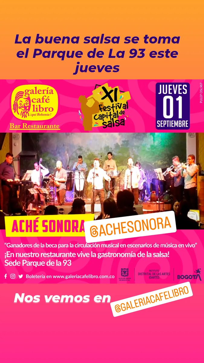 ACHESONORA's tweet photo. Iniciamos la celebración de nuestro aniversario 11 hoy jueves en el Parque de La 93 en @cafelibro TE ESPERAMOS! @ACHESONORA #achésonora #achésonora11años #achésonorasalsadura @hernache007 @OSCARMEJAROJAS1 https://t.co/AIh1jizUum