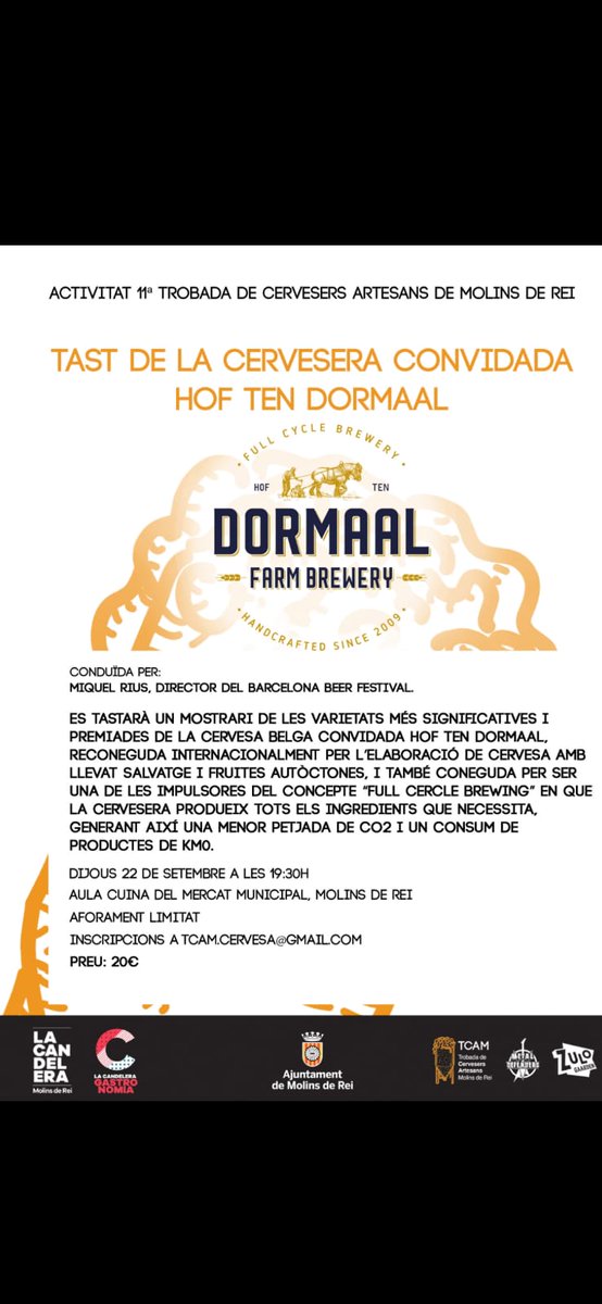 TCAM_Molins's tweet photo. La TCAM d'enguany incorpora un tast inèdit de la cervesera internacional convidada @HofTenDormaal i que dirigirà el @BcnBeerFest 
#cervesa #tastos #tast #molinsderei https://t.co/3Qc5qXhyHn