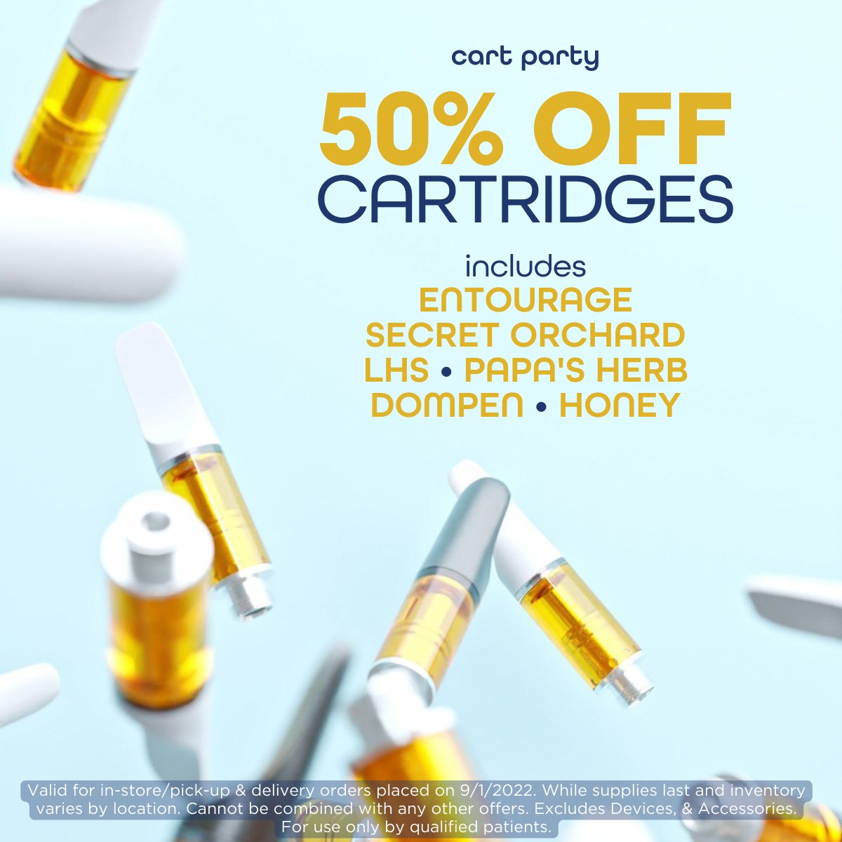 ayrflorida's tweet photo. Don't be tardy to the party - visit us today and get 50% off all cartridges!๐ฅณ Includes all your favorite brands, like Entourage, Secret Orchard, LHS, Papa's Herb, Dompen, and Honey. #flmmj #floridammj https://t.co/KT5xjcwD9c